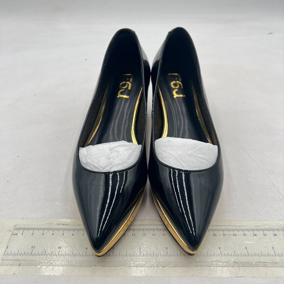 FSJ Black-gold Trim Bridal Pointed Toe Block Low Heel Crystal Pumps - Picture 3 of 8